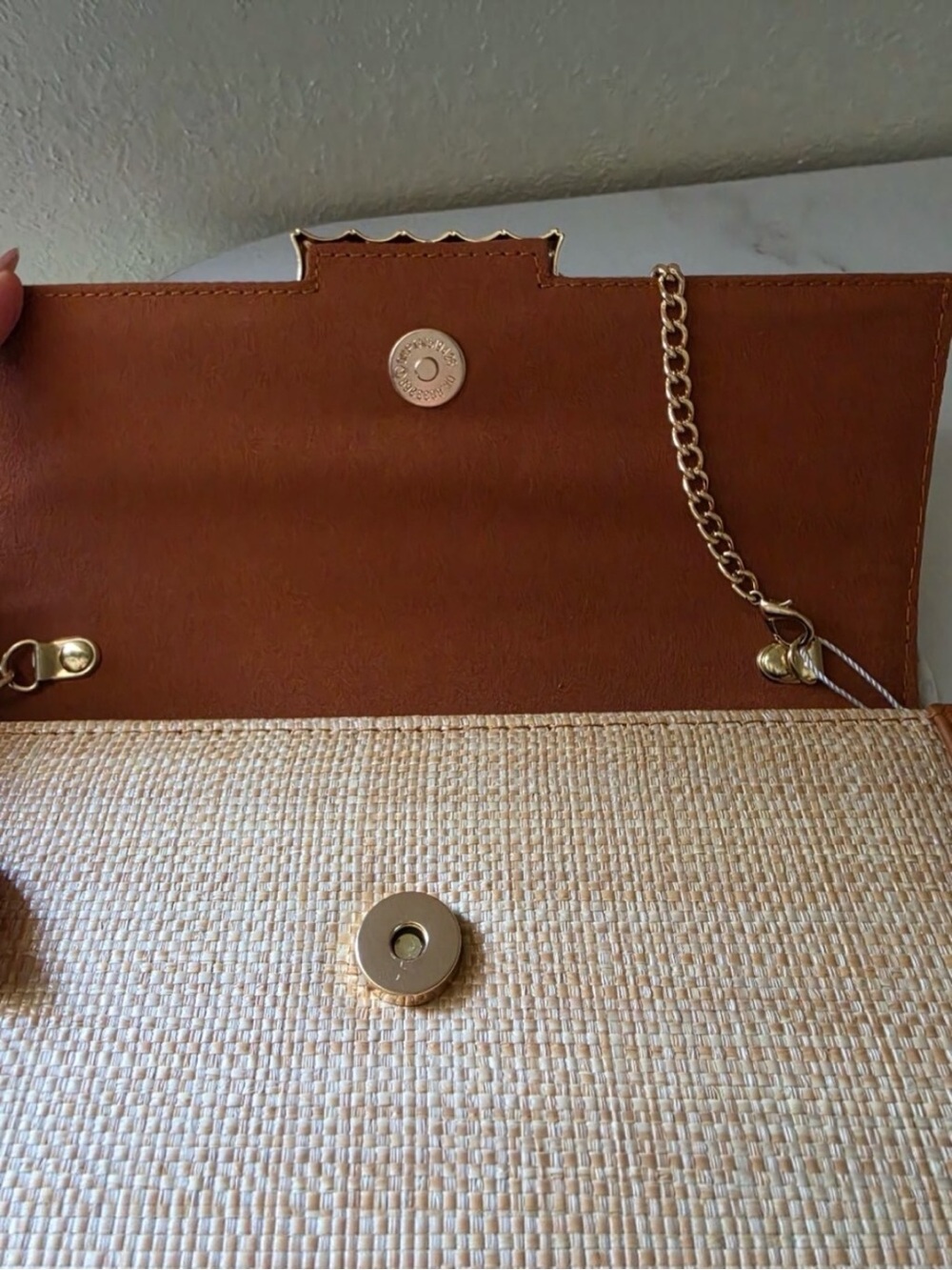 NWT Tommy Bahama Woven Natural Raffia Satchel Crossbody Bag Cognac Leather Gold - Picture 7 of 16